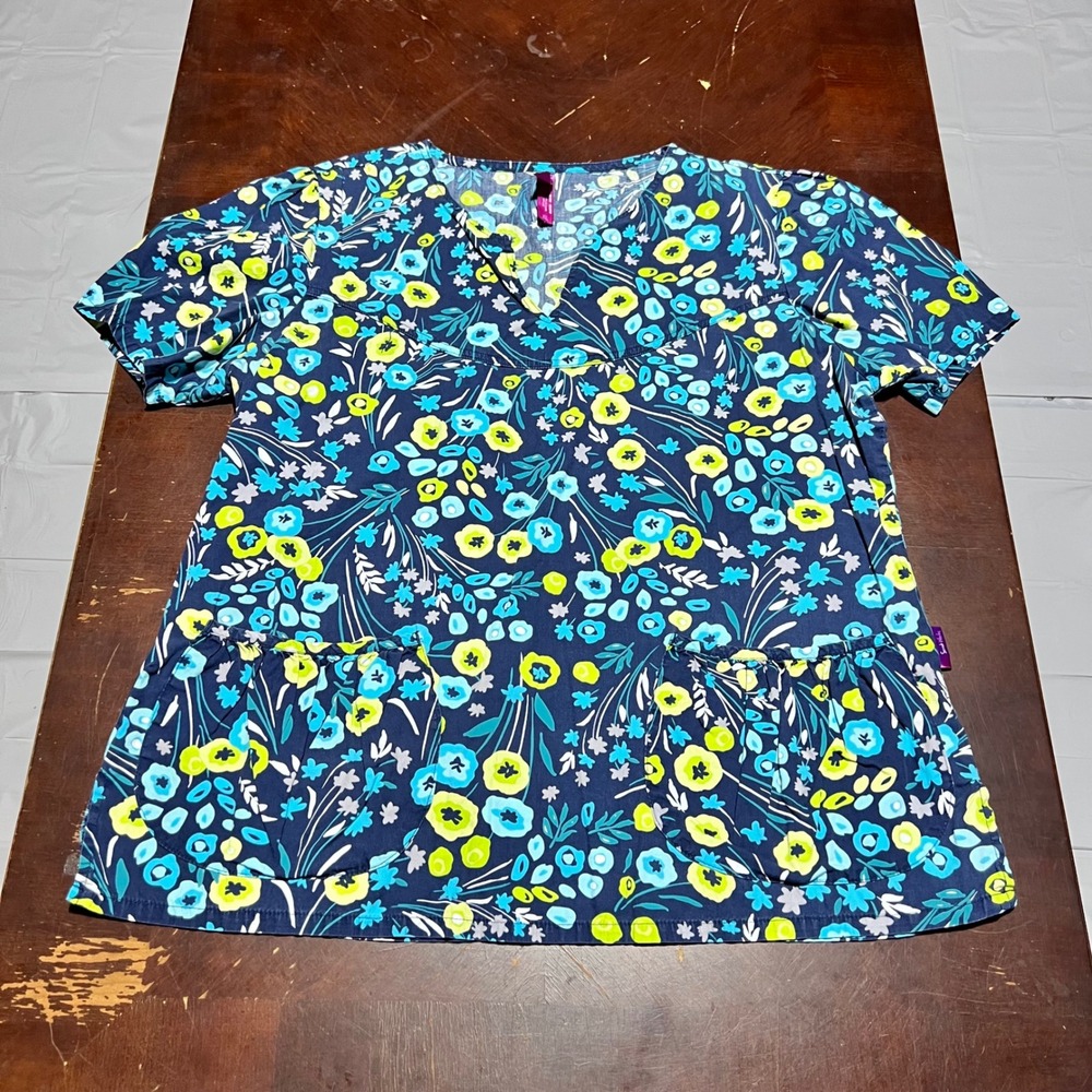 Scrub Works Womens XL Floral Scrub Top Navy Blue Lime Green 100% Cotton V-Neck